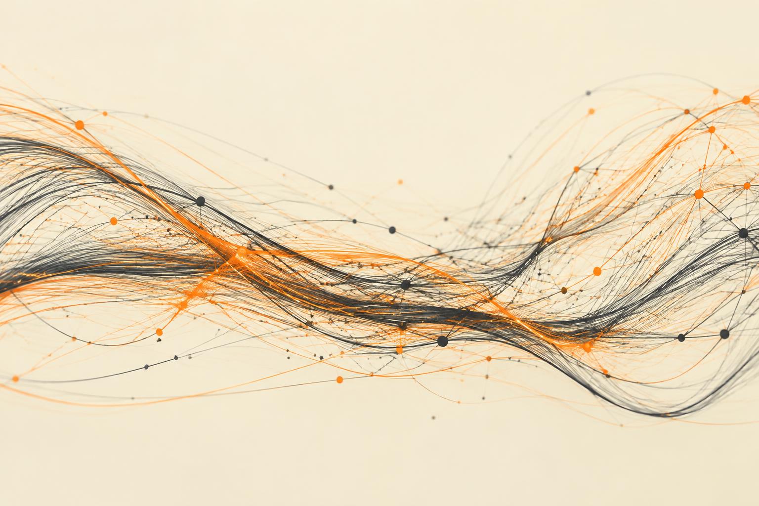 Abstract flowing network lines in charcoal and orange