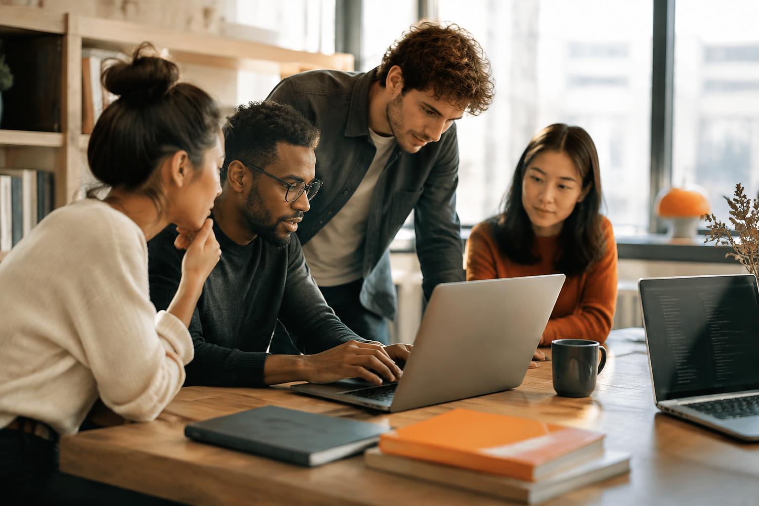 Engineers collaborating around a table with laptops