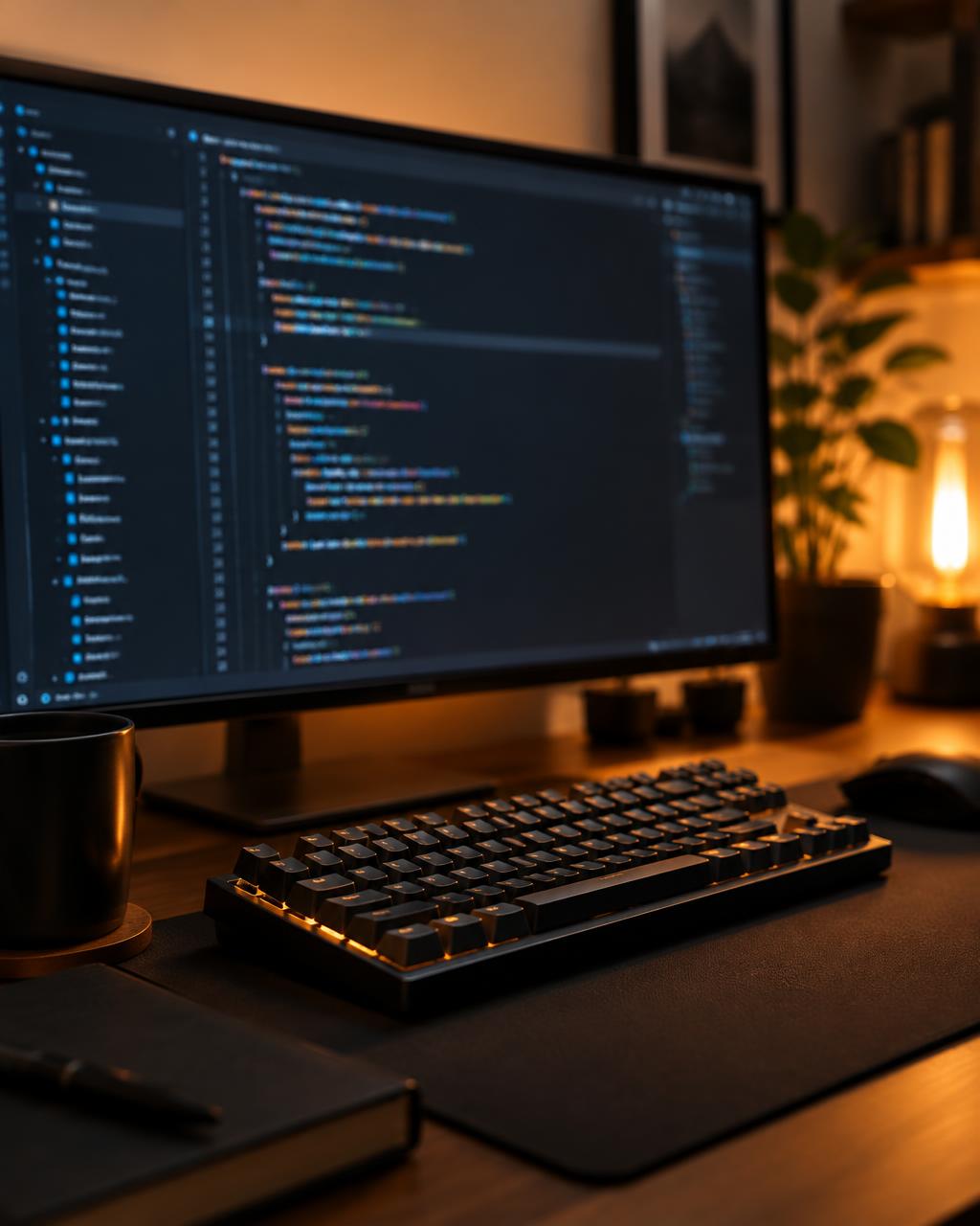 Developer workstation with code on screen